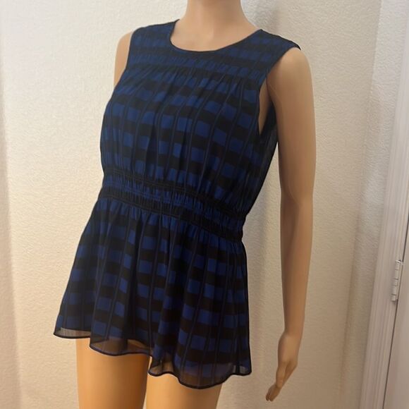 Club Monaco Top Size S/P Scoop Neck Sleeveless Black Blue Lined Gathered Waist - Picture 2 of 10